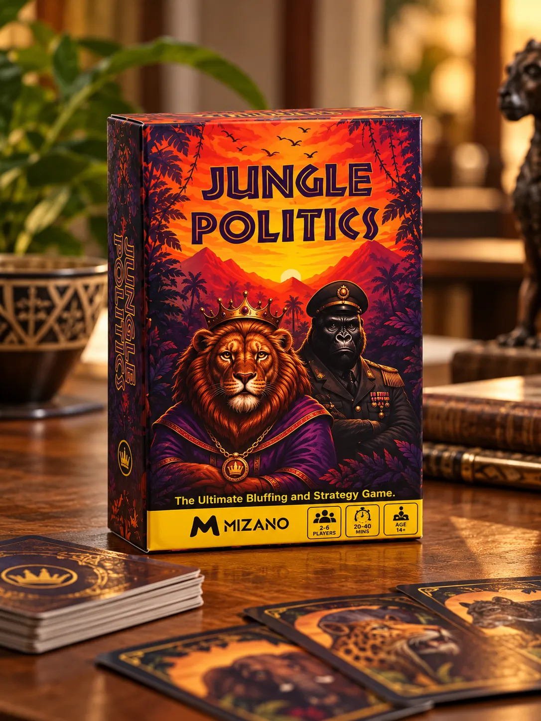 Jungle Politics box showing a crowned lion and a gorilla general in a sunset jungle