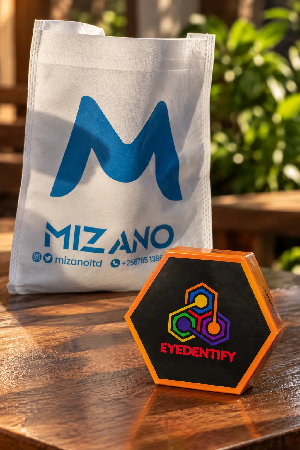 The Eyedentify hexagon tin on a wooden table in front of a Mizano tote bag